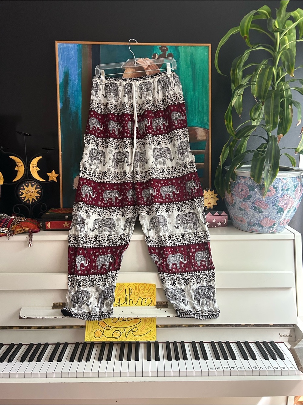 Boho Elephant Print Harem Pants 2XL Burgundy Hippie Festival Thai Lounge Pants